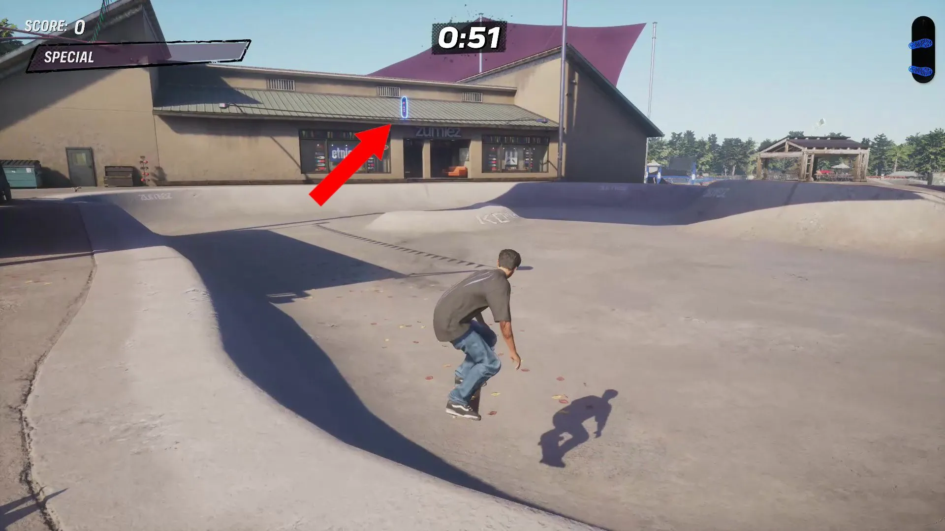 Ván trượt ẩn trong khu vực hồ bơi nhỏ gần cửa hàng Zumiez ở Kona Tony Hawk's Pro Skater 3+4