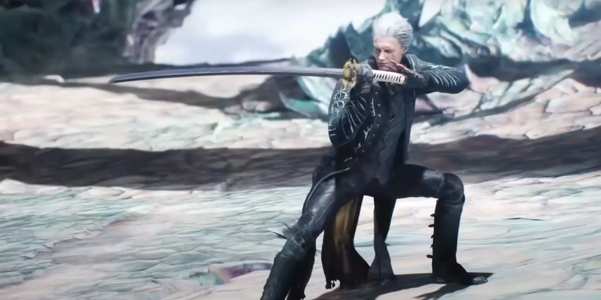 Vergil trong trailer DMC 5, tạo dáng cầm katana giữa khung cảnh tuyết trắng.
