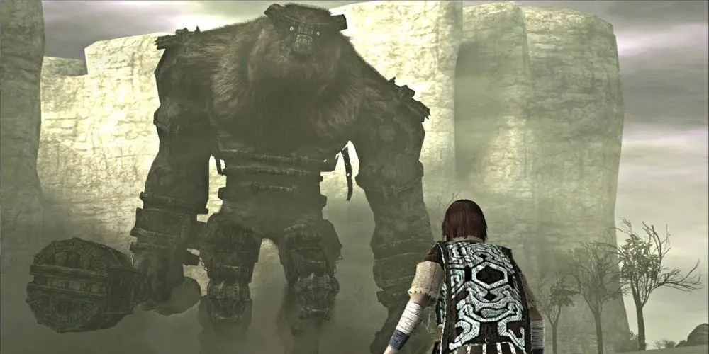 Wander đối mặt với Colossus đầu tiên, Valus, trong Shadow of the Colossus, tượng trưng cho trải nghiệm chiến đấu hoành tráng của Team Ico.