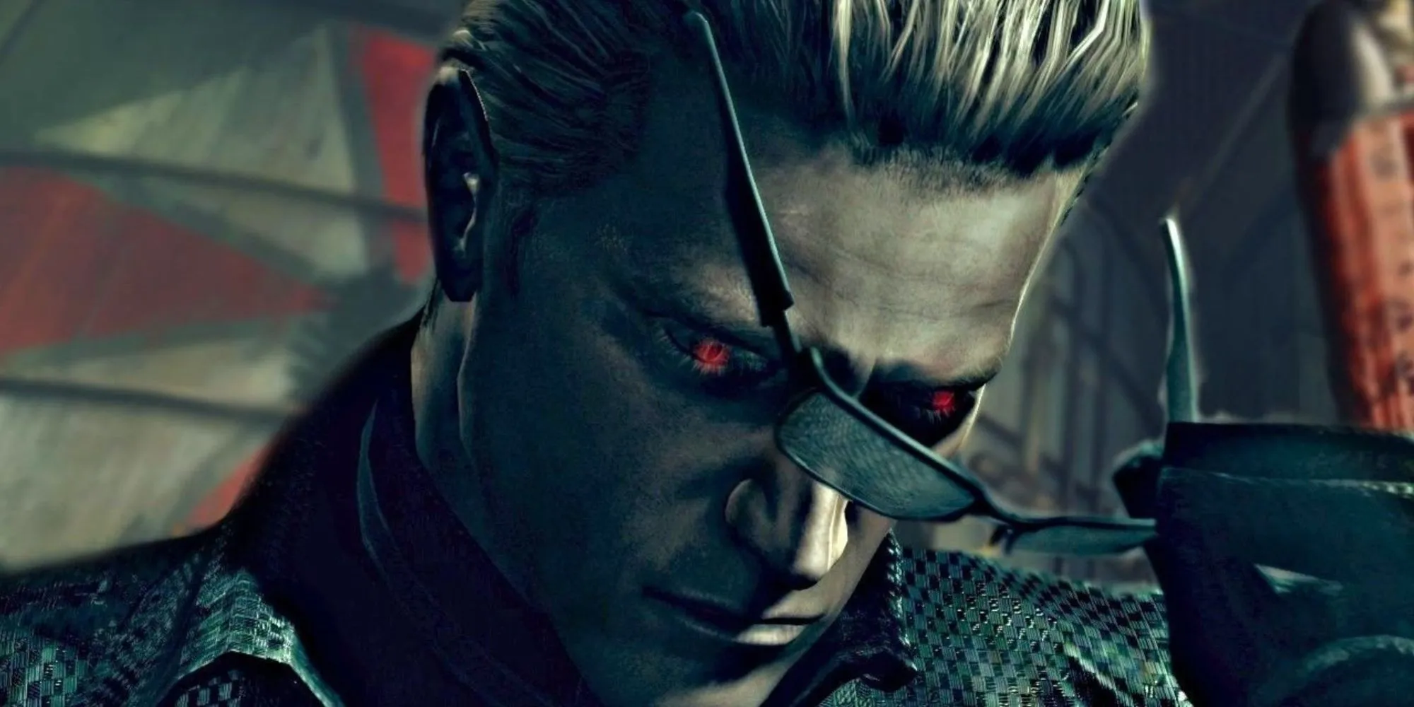 Wesker bỏ kính râm để lộ đôi mắt đỏ trong Resident Evil 5