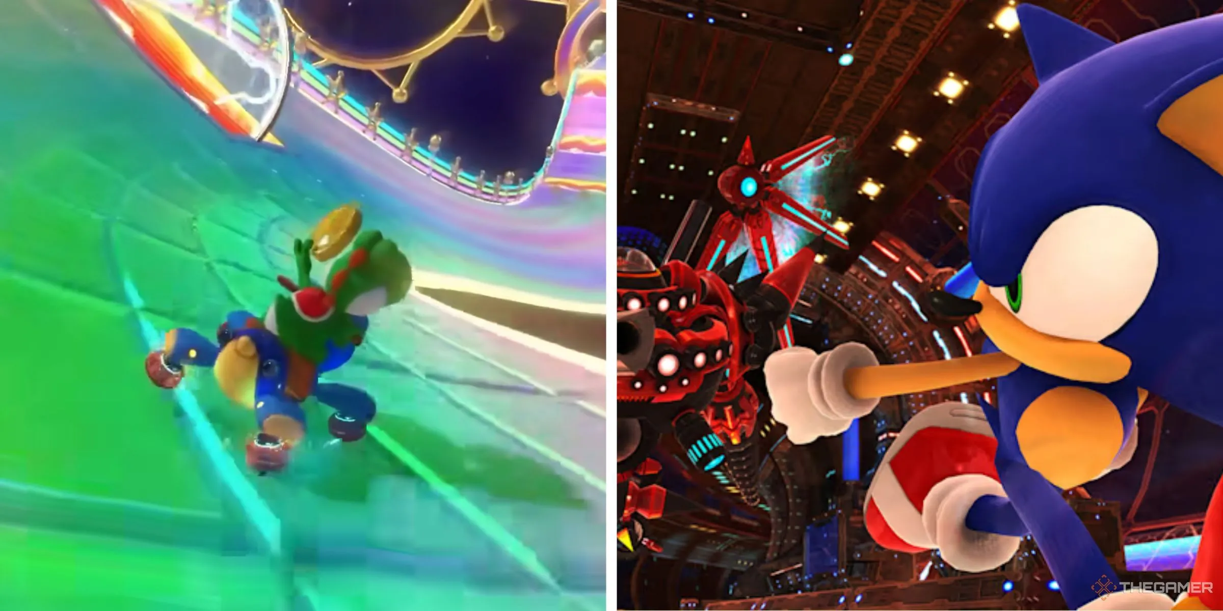 Yoshi đua trên Wii Rainbow Road trong Mario Kart 8 Deluxe và Sonic chạy trốn Eggman trong Sonic X Shadow Generations