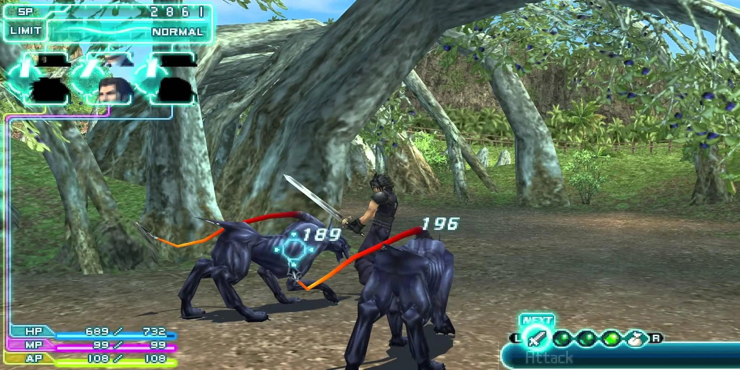 Zack Fair chiến đấu với quái vật trong Crisis Core: Final Fantasy VII, tựa ARPG kinh điển với cốt truyện đầy cảm xúc và đồ họa đỉnh cao trên PSP.