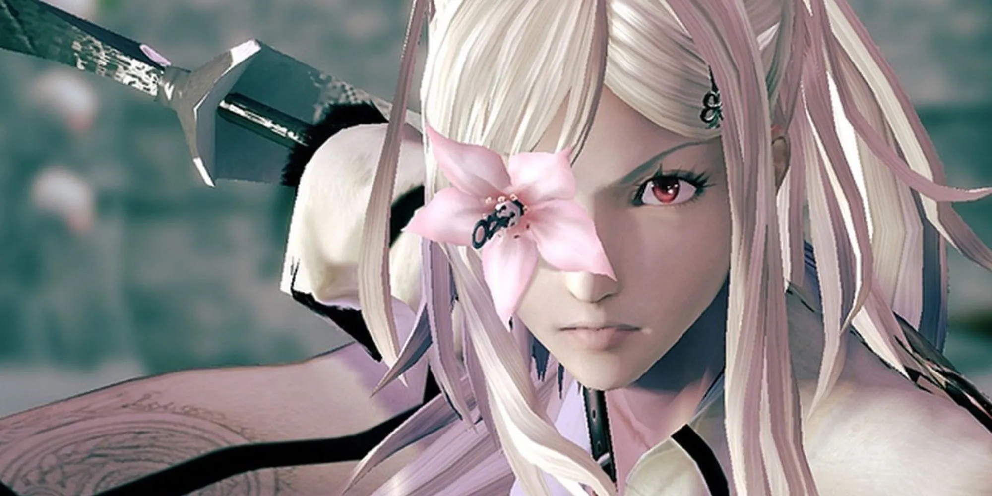 Zero từ Drakengard 3 với vẻ mặt đầy đe dọa, sẵn sàng vung kiếm.