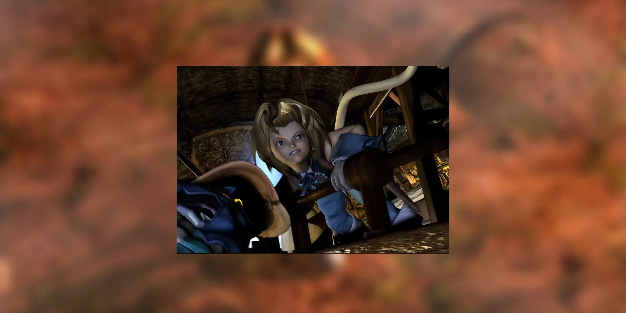 Zidane Tribal đang nắm chặt lan can gỗ, với mái tóc vàng đặc trưng và nụ cười ranh mãnh trong Final Fantasy 9