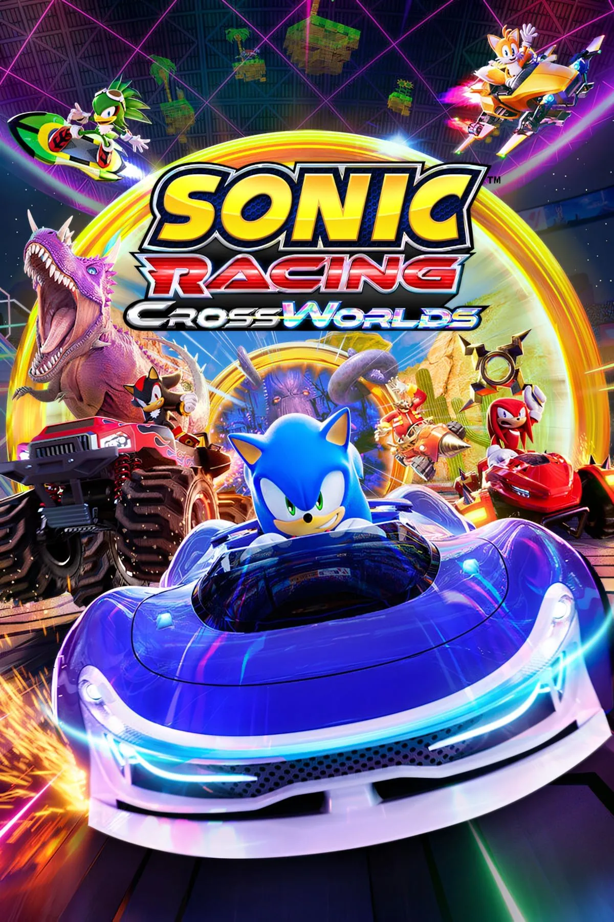 Ảnh bìa game Sonic Racing CrossWorlds với Sonic và dàn nhân vật huyền thoại
