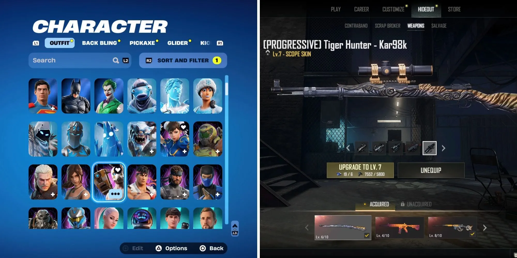 Các nhân vật Batman, John Wick và Deadpool trong Fortnite thể hiện sự đa dạng skin