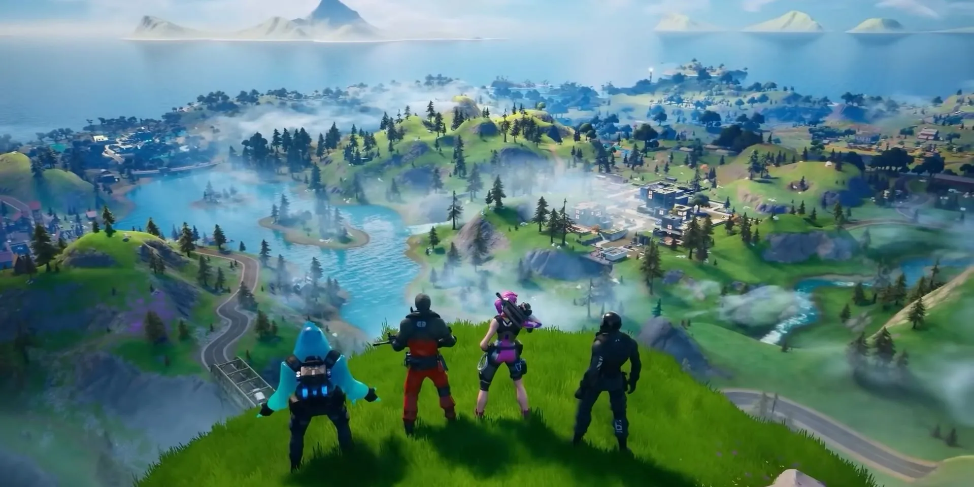 Các nhân vật Fortnite đứng trên đồi, biểu tượng cho người chiến thắng trong cuộc đối đầu Battle Royale