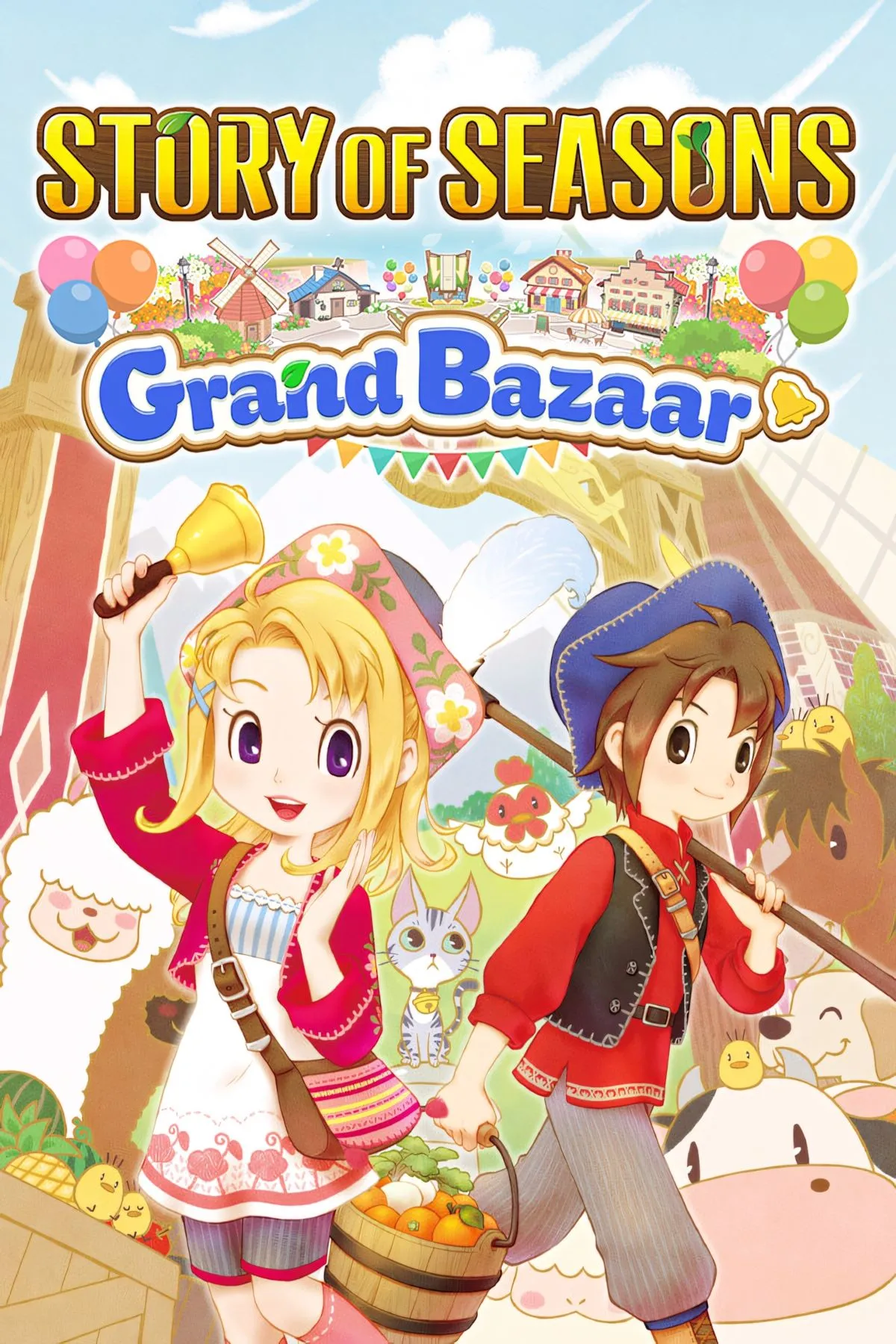 Cận cảnh bìa game Story of Seasons: Grand Bazaar với nhân vật chính và các NPC nổi bật trong bối cảnh nông thôn yên bình.