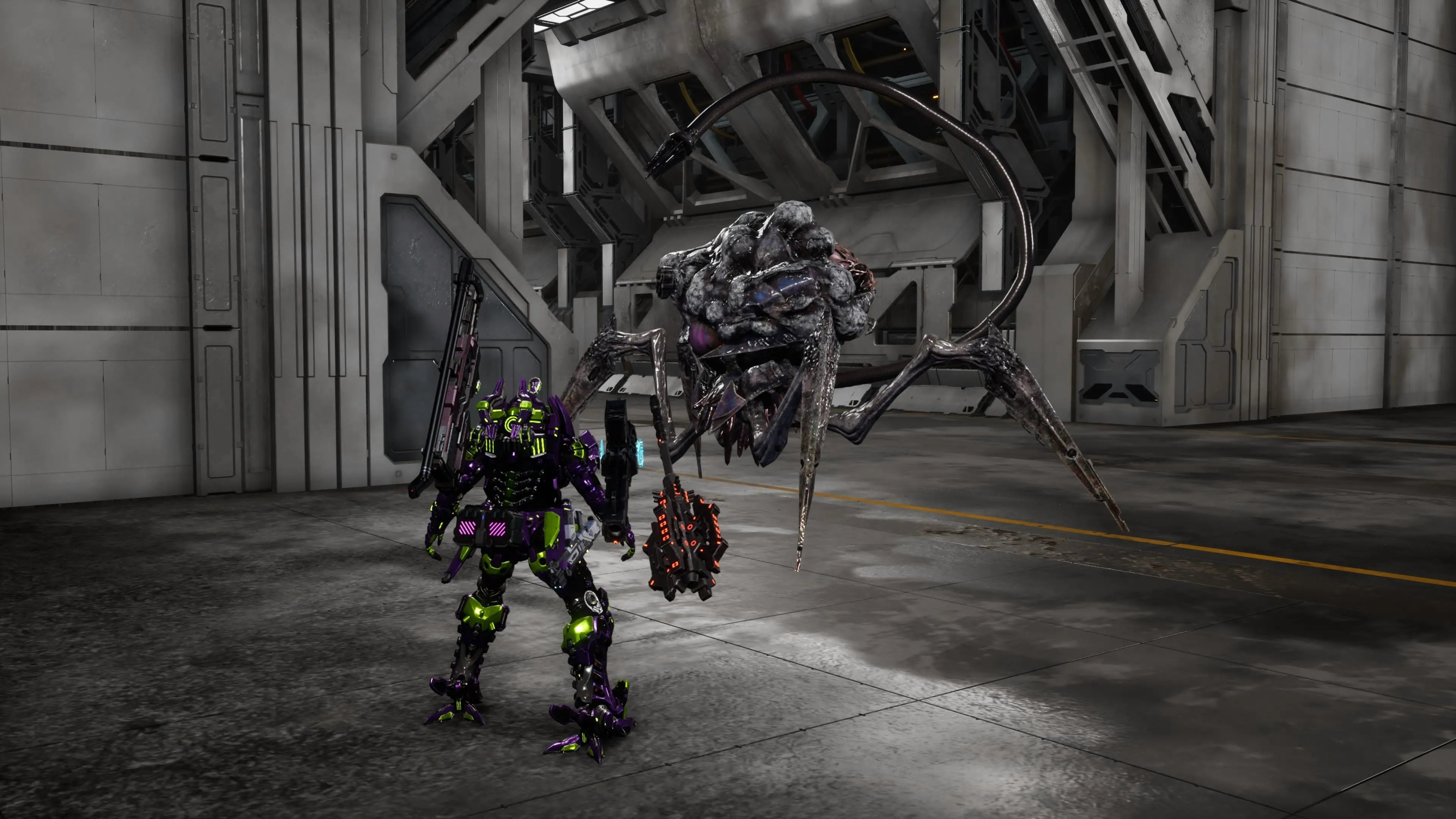 Cận cảnh robot Arsenal trong Daemon X Machina Titanic Scion bị lỗi kết cấu, phản ánh vấn đề hiệu suất và thời gian tải game