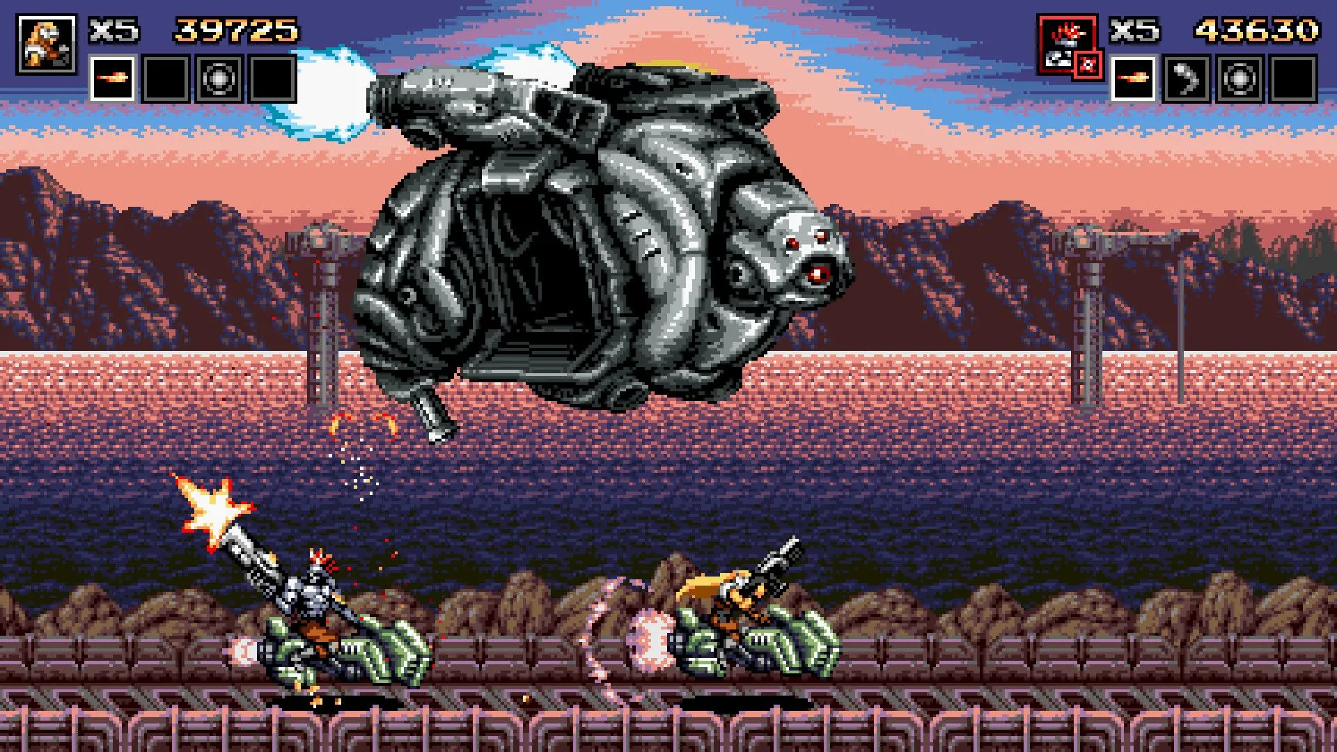 Cảnh gameplay Blazing Chrome với nhân vật bắn súng giữa môi trường cyberpunk