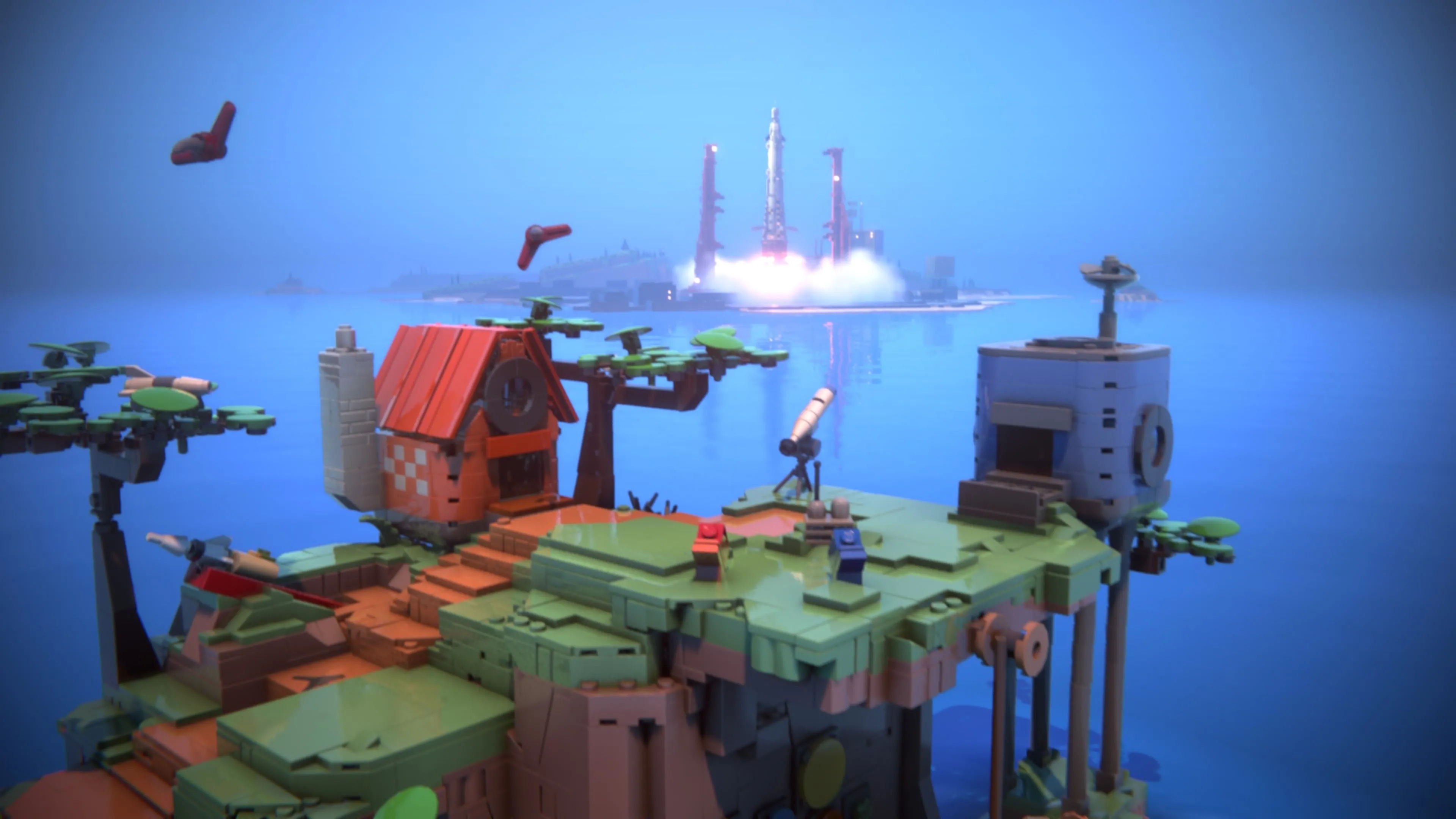 Cặp đôi nhân vật LEGO Red và Blue trong một khung cảnh đậm chất ký ức tuổi thơ trong game LEGO Voyagers