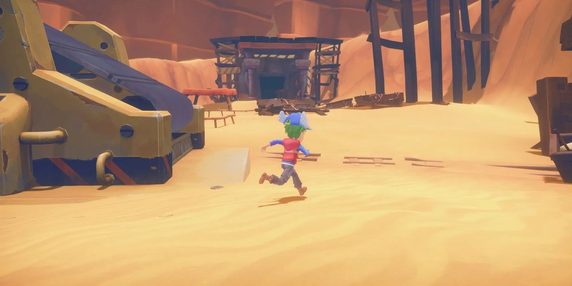 Chạy quanh công trường trong game My Time at Portia, một game RPG hành động và mô phỏng cuộc sống