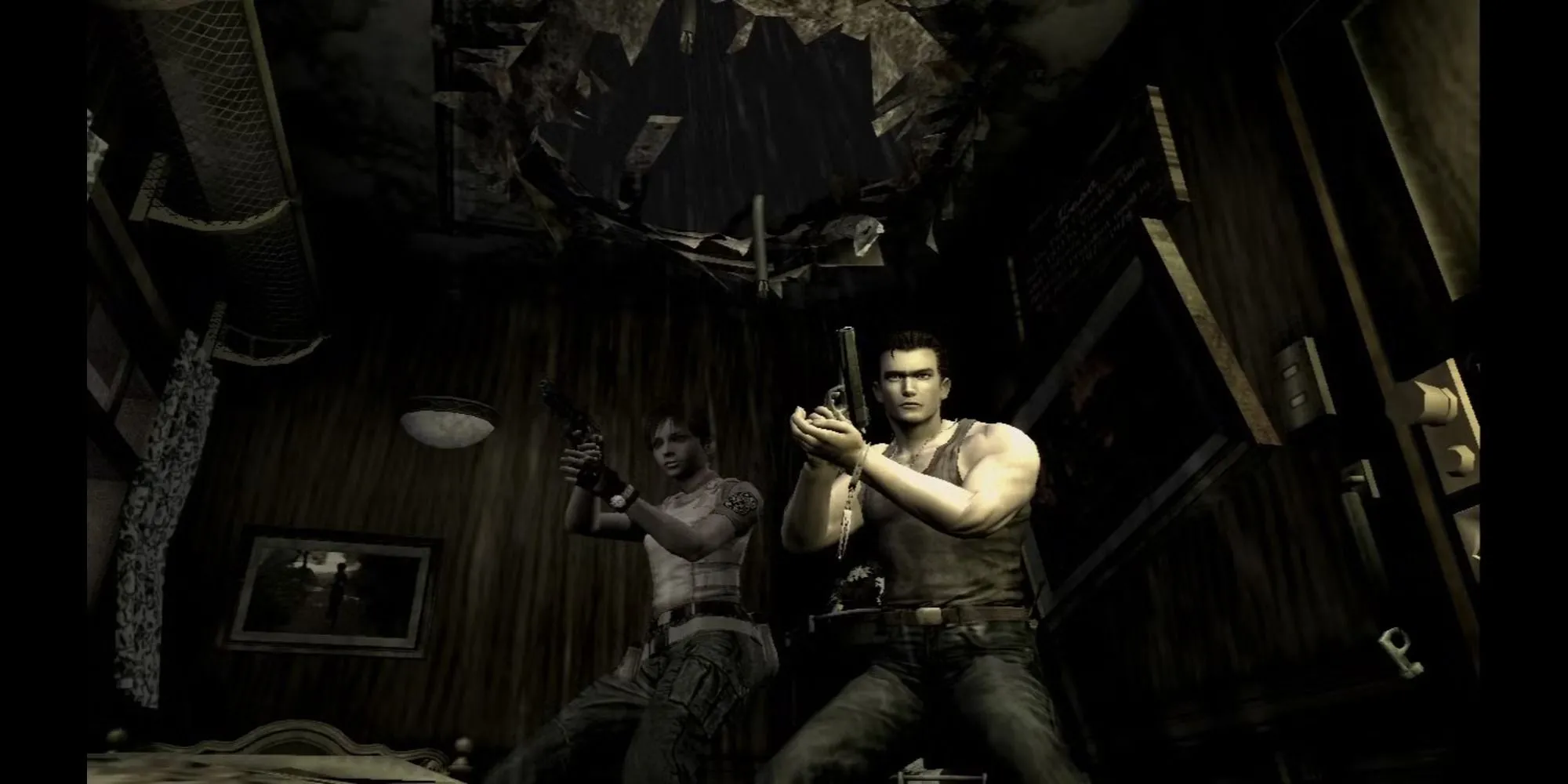 Chris Redfield hành động trong Resident Evil: The Umbrella Chronicles, một game bắn súng light gun trên Wii