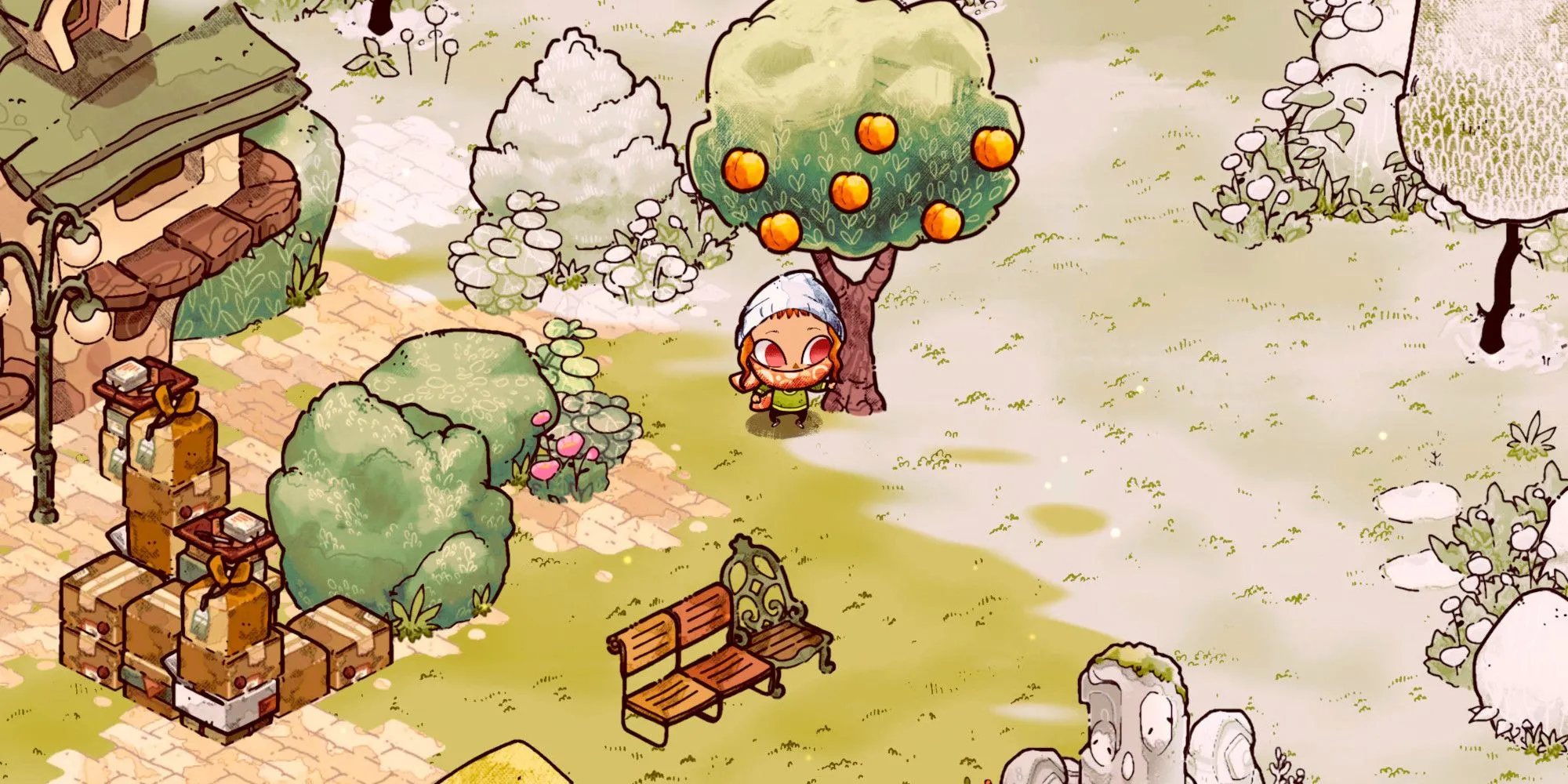 Công viên Cozy Grove với cây cam, gợi cảm giác bình yên nhưng thực chất là game cày cuốc