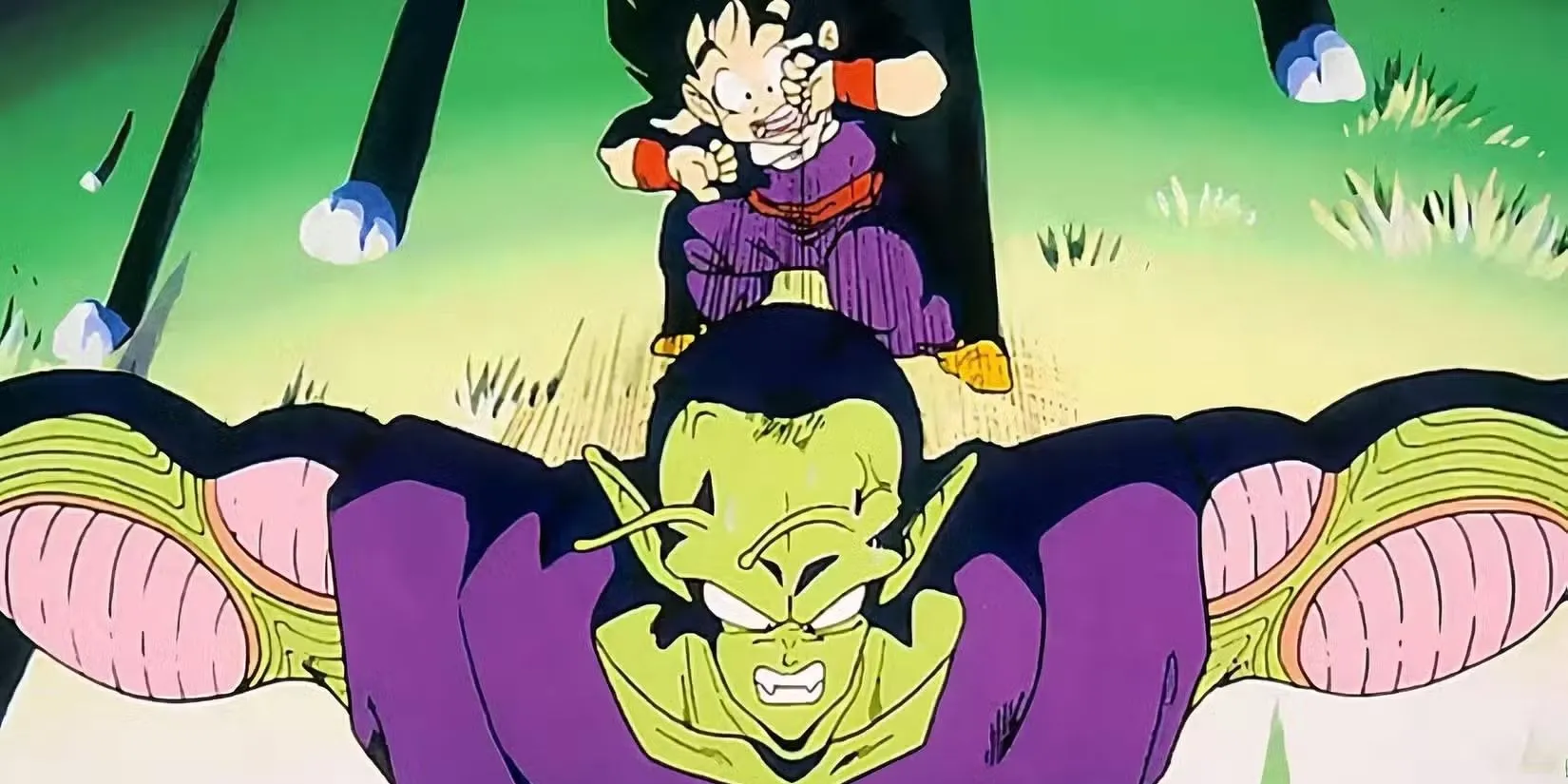 Gohan bé nhỏ đứng trên tiền tuyến cùng các chiến binh Z, đối mặt với Nappa và Vegeta trong Saiyan Saga.