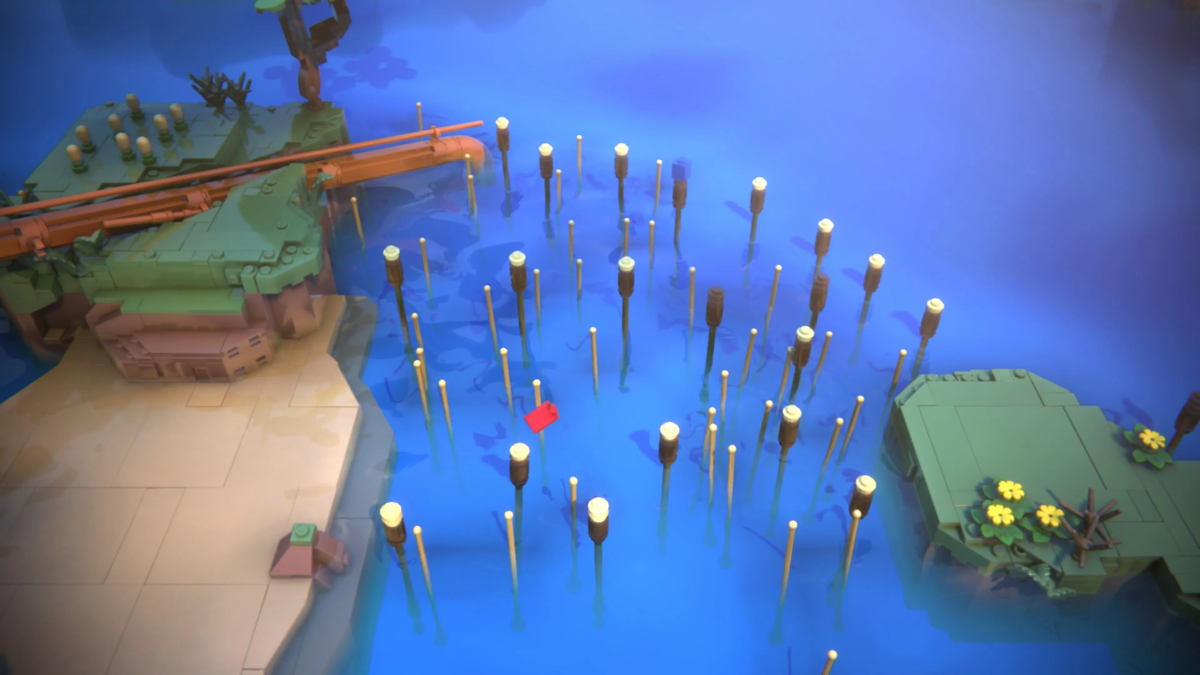 Hai nhân vật LEGO Red và Blue khám phá một phần của thế giới, thể hiện tinh thần phiêu lưu tự do trong game