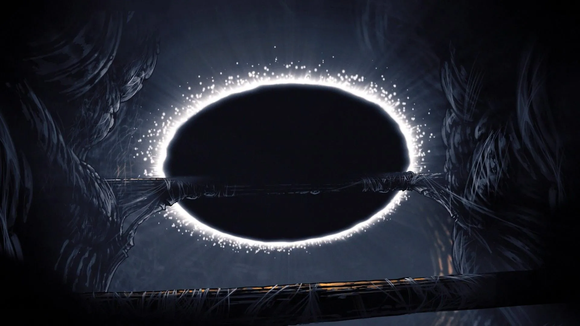 Hornet bị trói buộc trong Void ở cái kết Snared Silk của Hollow Knight Silksong.