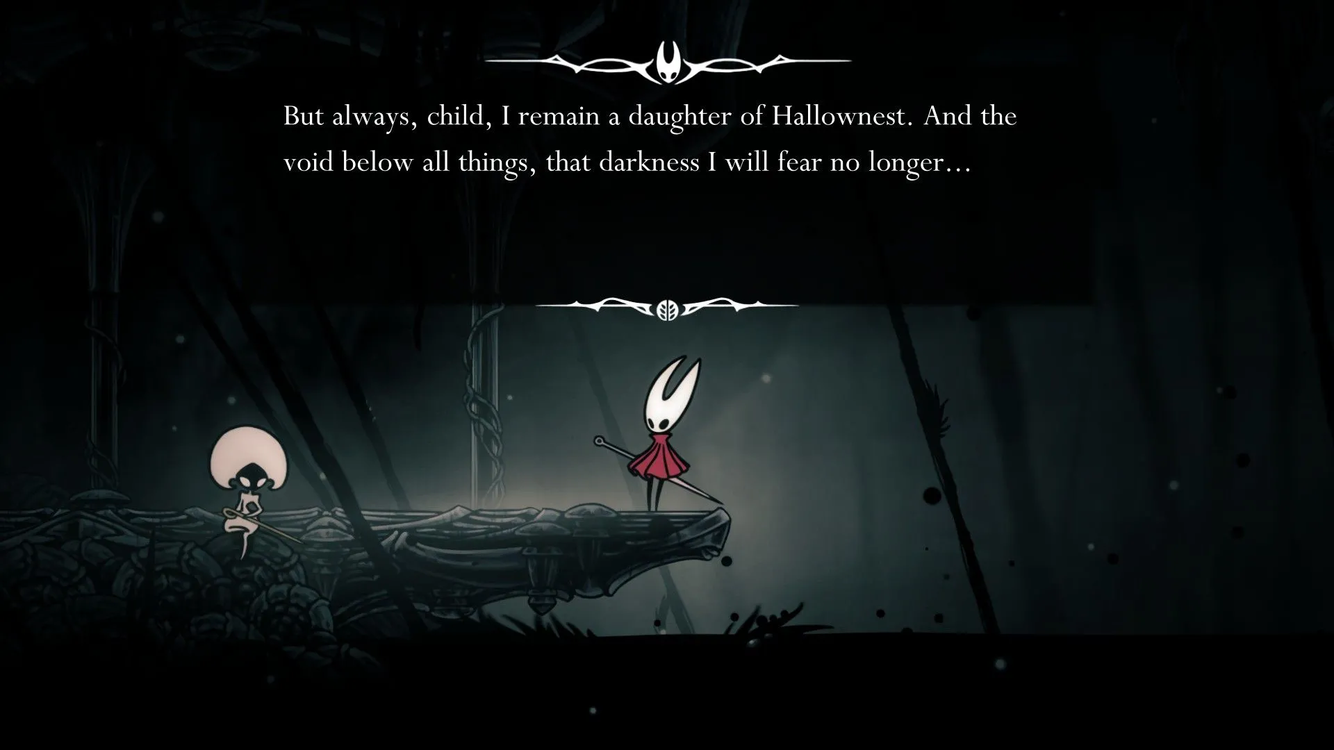 Hornet đang nói chuyện với Daughter of Hallownest trong Hollow Knight Silksong, gợi ý về cốt truyện.