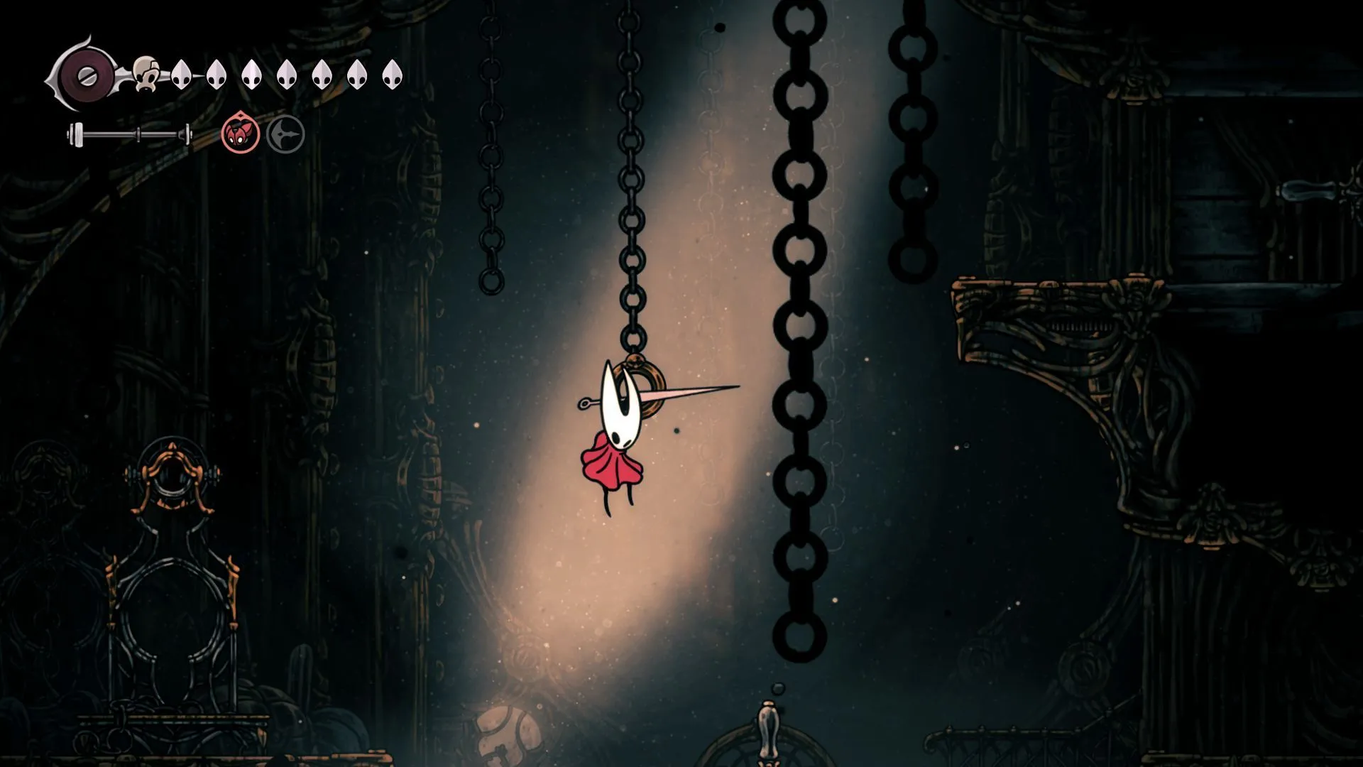 Hornet trong Hollow Knight Silksong sử dụng kỹ năng Clawline Ring để leo lên vách đá