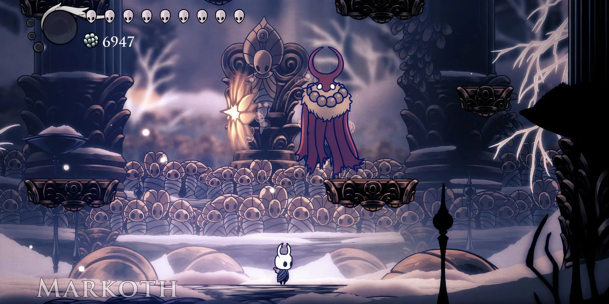 Knight chiến đấu với Markoth trong Godhome Colosseum của Hollow Knight