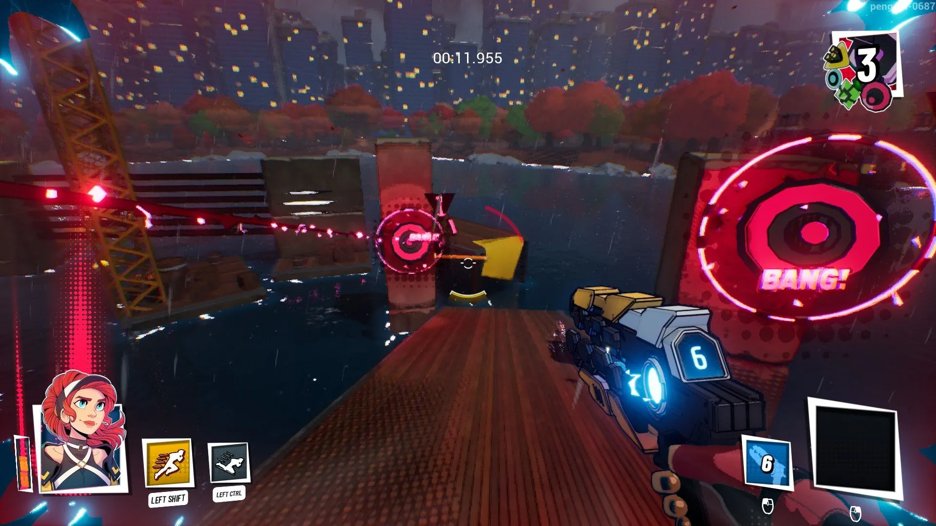 Màn hình gameplay của JETRUNNER với đồ họa cel-shaded sống động và nhân vật đang thực hiện wall-run