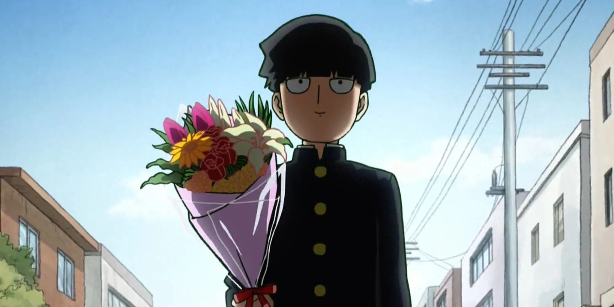 Mob Kageyama với bó hoa trên tay, gương mặt rạng rỡ hy vọng trước khi gặp Tsubomi, biểu tượng cho ước mơ tình yêu tuổi học trò