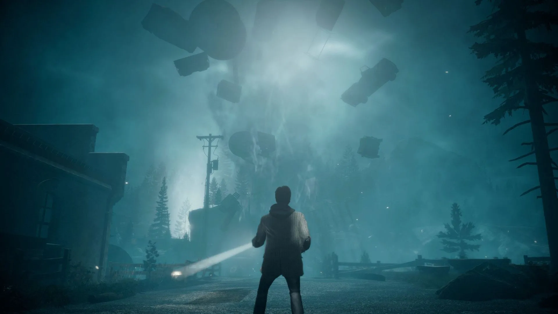 Nhà văn Alan Wake chiến đấu với bóng tối giữa rừng sâu, không khí u ám bao trùm