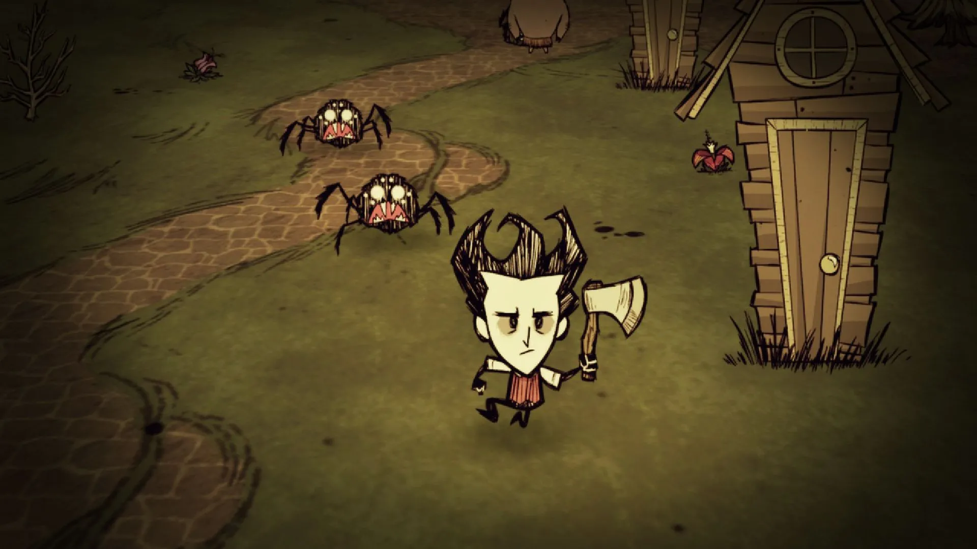 Nhân vật Don't Starve đốt lửa trại để chống chọi với bóng đêm và quái vật kinh dị