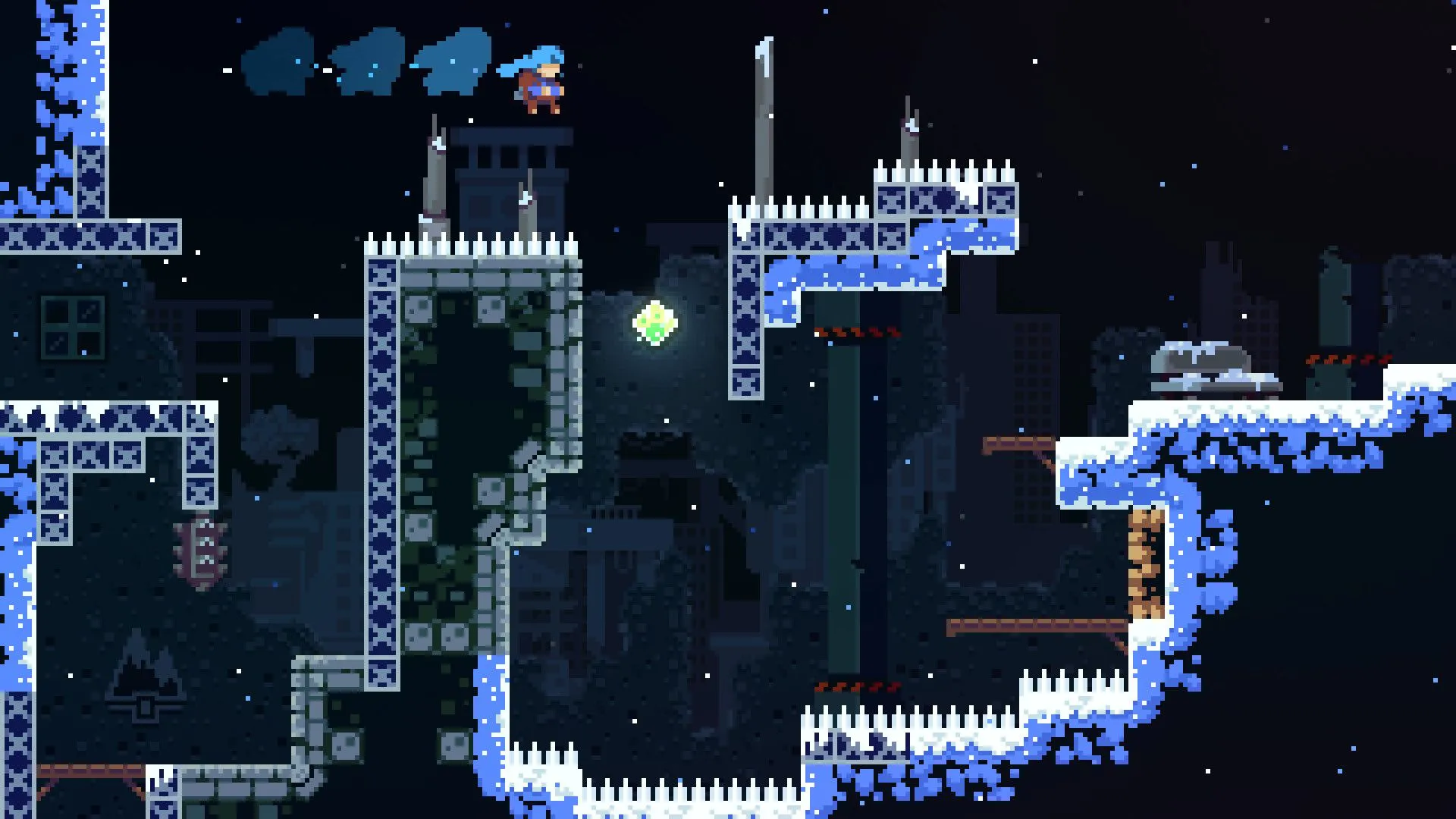 Nhân vật nhảy qua những cái gai trong Celeste, một platformer khó nhằn