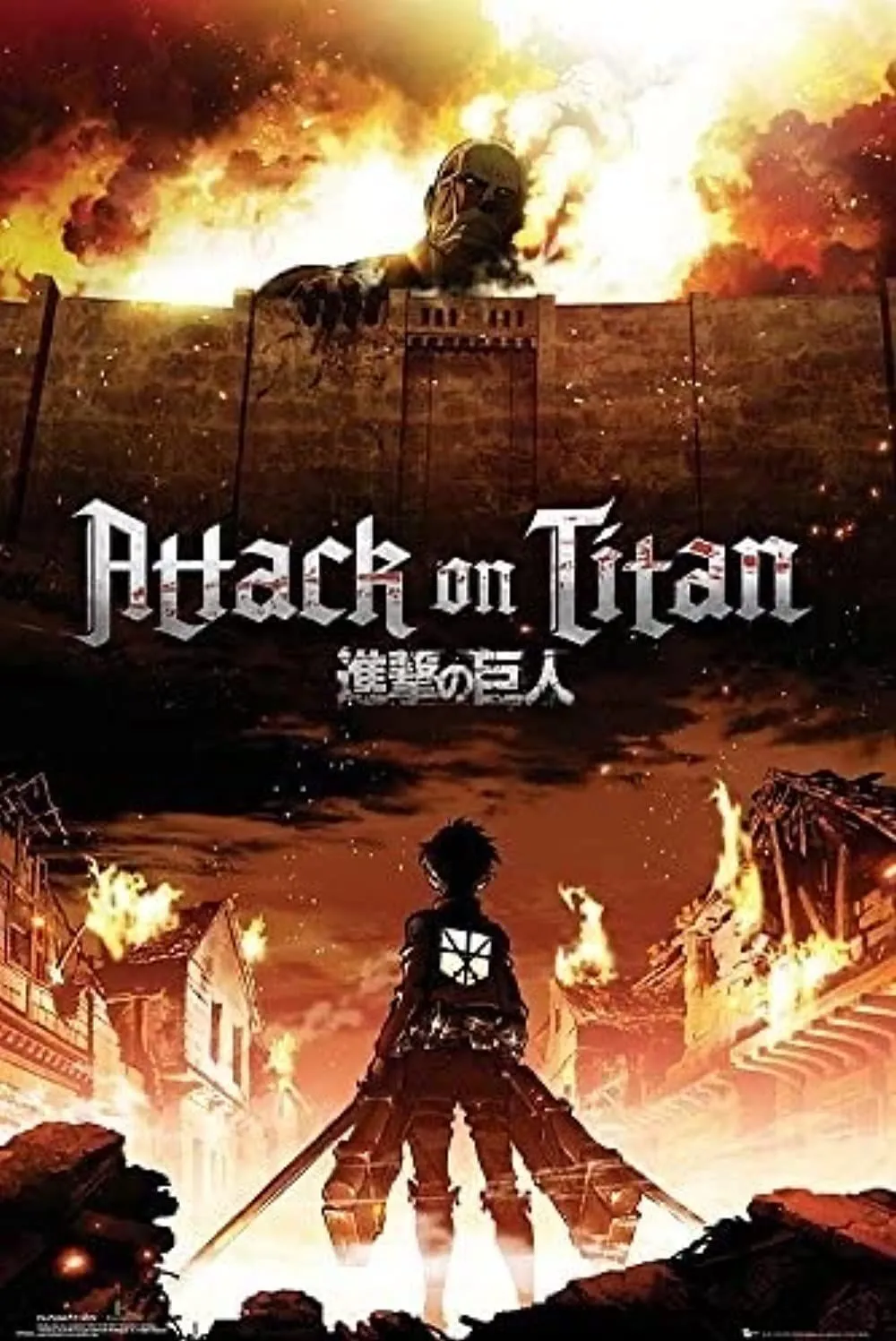 Poster Attack on Titan với Eren, Mikasa và Levi, minh họa thế giới tàn khốc của anime.