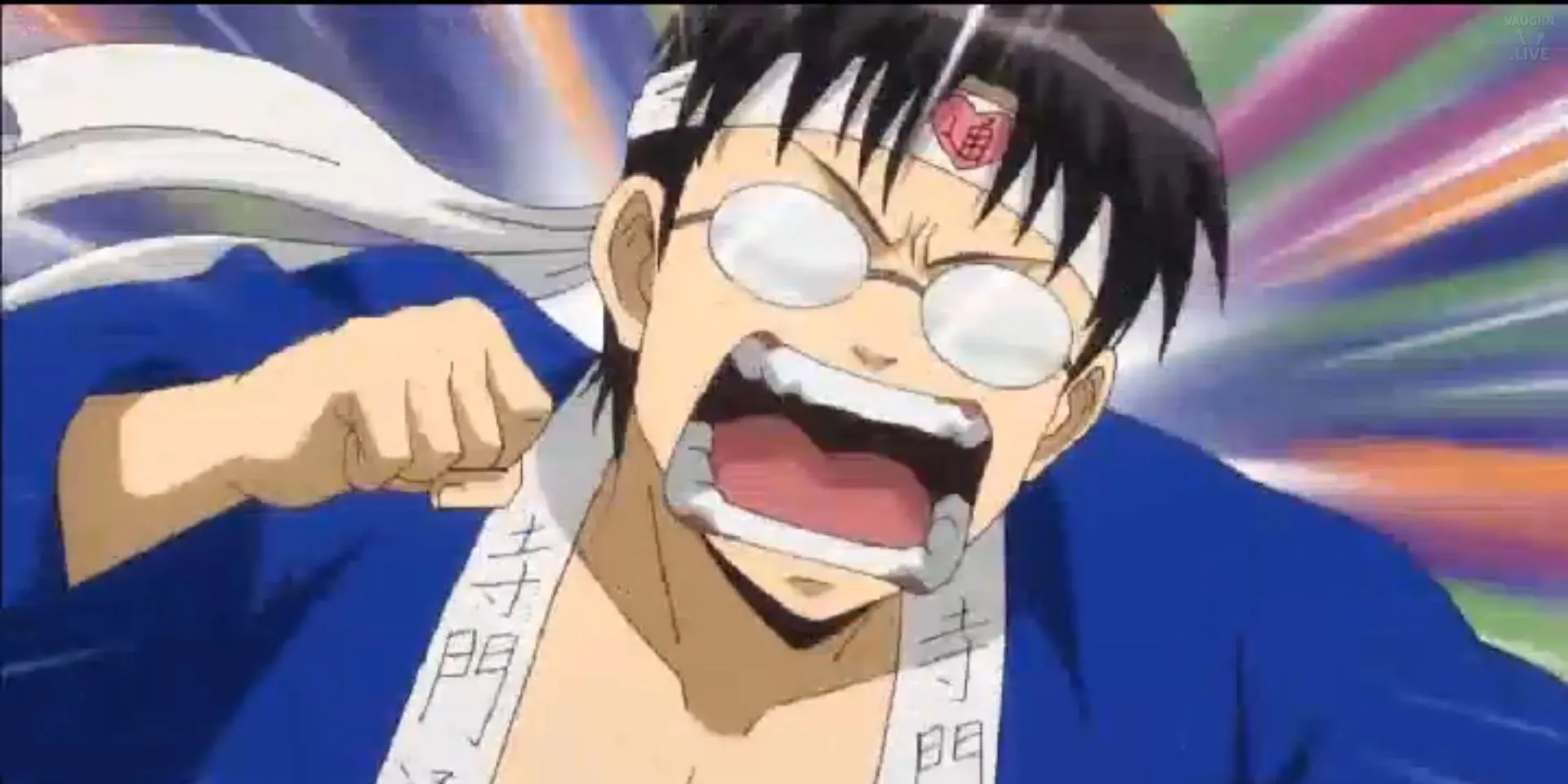 Shinpachi Shimura Gintama đeo kính, với biểu cảm phàn nàn đặc trưng