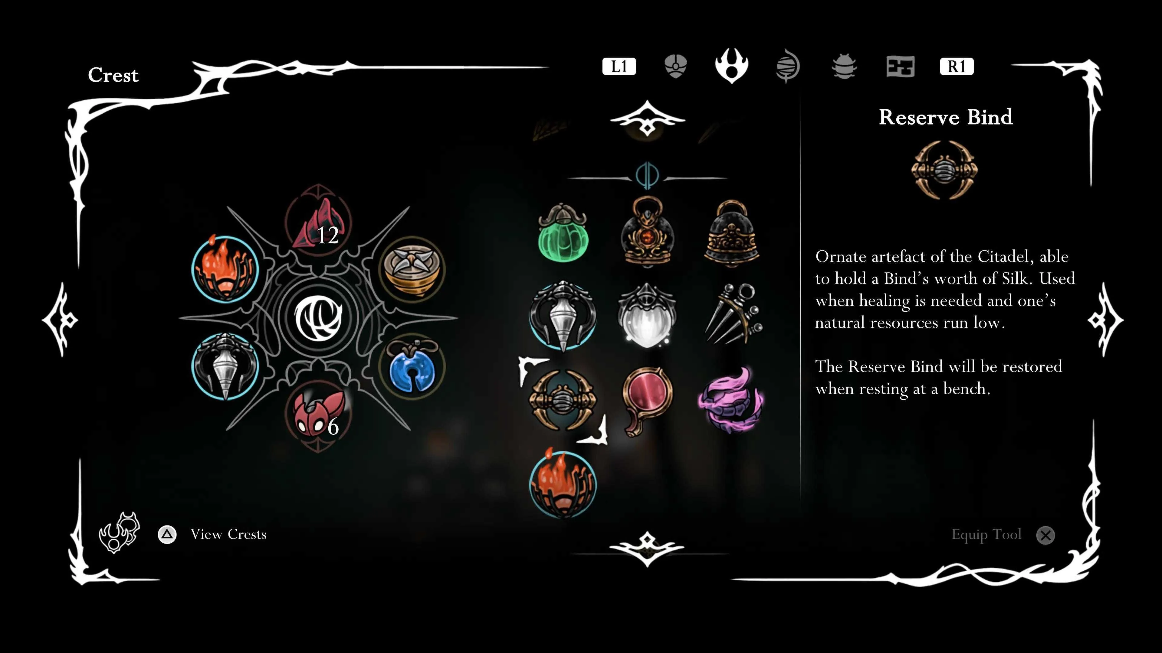 Vật phẩm Reserve Bind màu xanh lam trong Hollow Knight Silksong, biểu tượng sức mạnh silk dự trữ