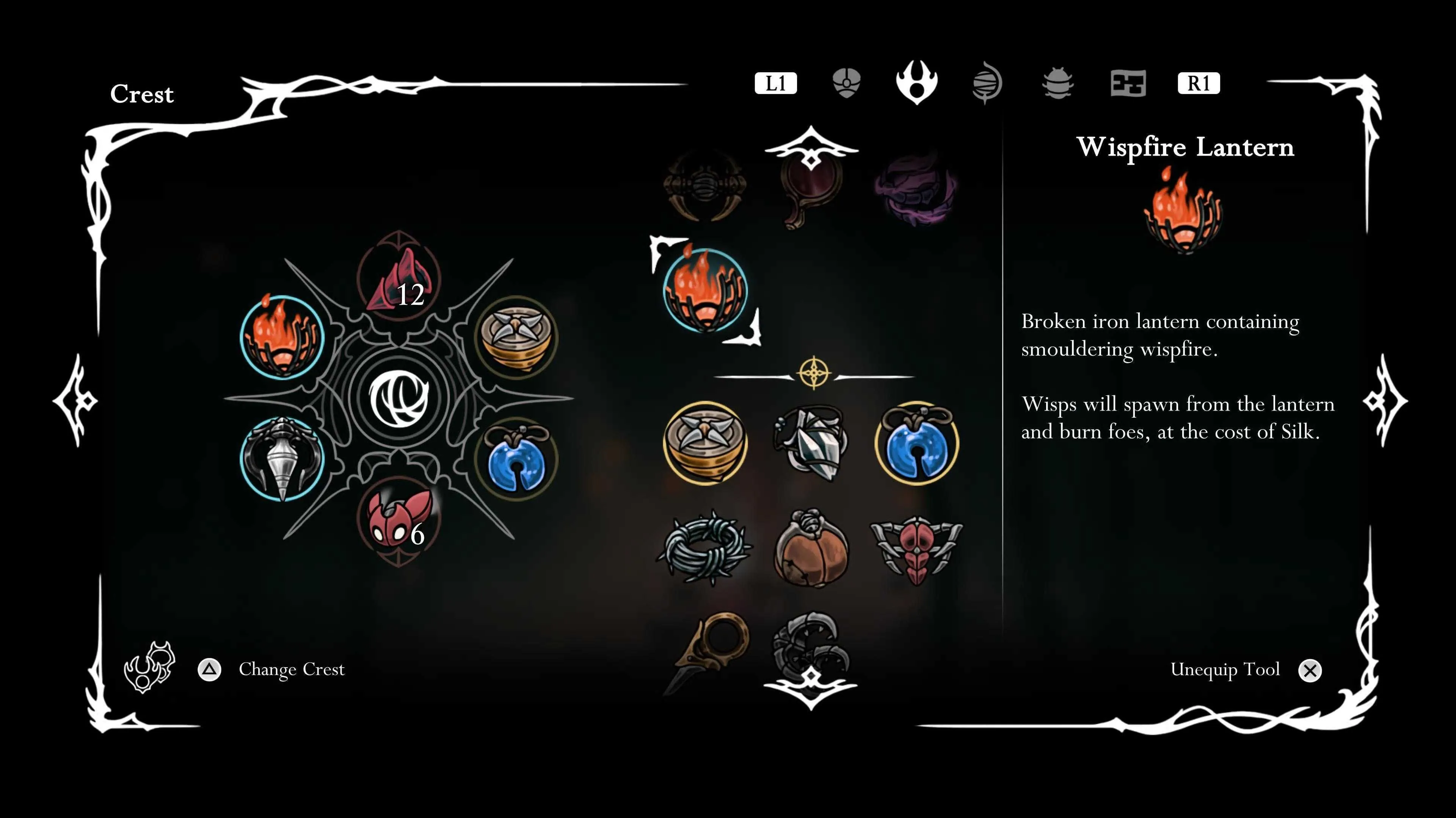 Vật phẩm Wispfire Lantern nhận được sau khi đánh bại boss Father of the Flame trong Hollow Knight Silksong