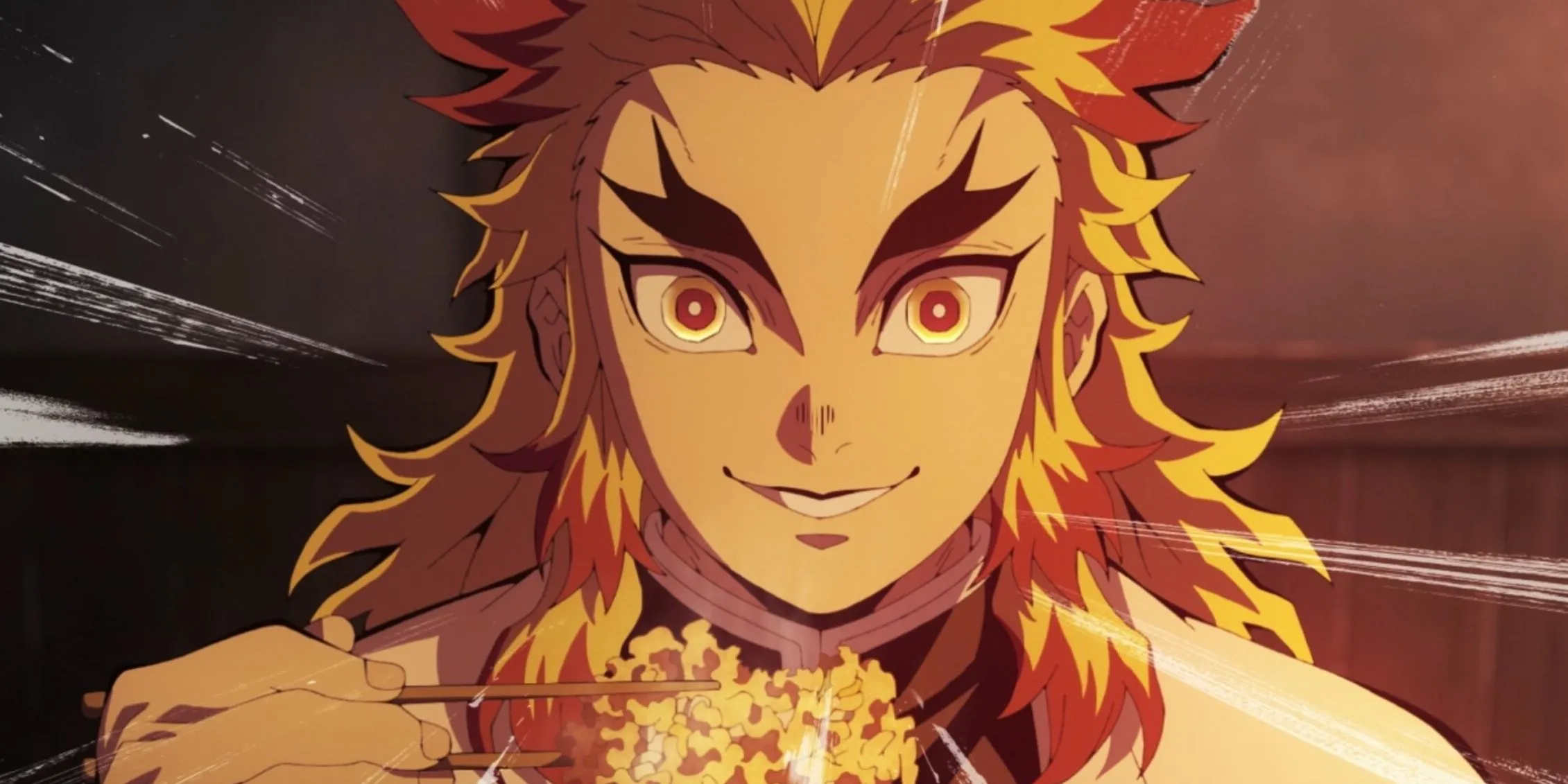 Viêm Trụ Kyojuro Rengoku thưởng thức bento trên Chuyến Tàu Vô Tận với sự nhiệt tình