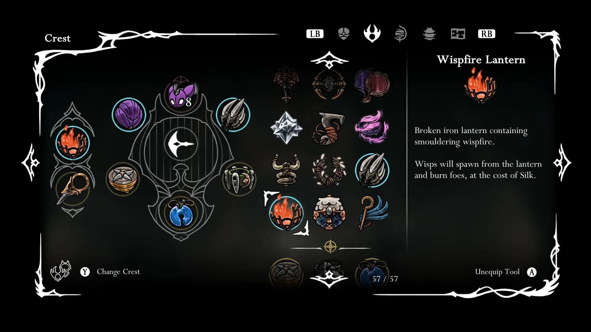 Wispfire Lantern, công cụ hỗ trợ tấn công tự động hữu ích cho Hornet trong trận chiến Nyleth ở Hollow Knight Silksong.